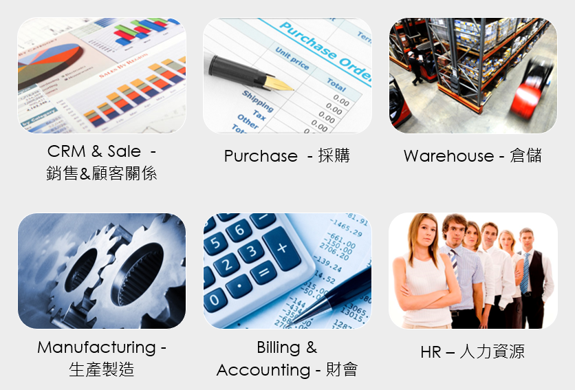 ERP 整合企業 銷售、採購、倉儲、製造、財會、人資 各部門作業